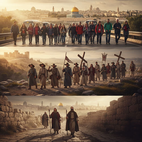 A historical composite showing the enduring 2,000-year legacy of Christian pilgrims traveling to Jerusalem, from ancient to modern times.