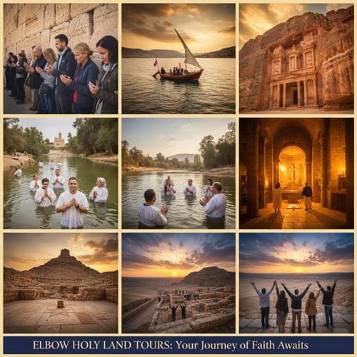 Photo collage of key destinations on Christian Holy Land tours, including the Sea of Galilee, the Jordan River baptism site, the Western Wall, and Petra, Jordan.