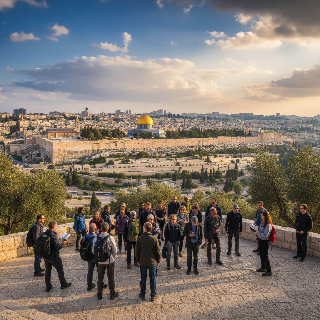 An Elbow Holy Land Tours group and their Christian guide viewing the Jerusalem Old City panorama, reinforcing the small group and faith-first experience.