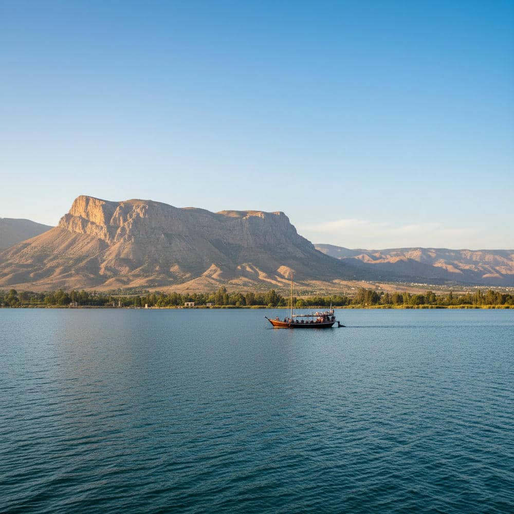 View of the Sea of Galilee with Capernaum ruins and Mount Arbel in the distance - Elbow Holy Land Tours